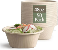 Bols jetables écologiques en bagasse de canne à sucre 48oz, robustes, compostables, résistants aux micro-ondes et aux fuites, pour fêtes, soupes, salades, ramen