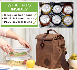 กระเป๋าใส่อาหารกลางวันแบบมีฉนวนสำหรับผู้ชายและผู้หญิง ขนาด 10 ลิตร ดีไซน์ทันสมัย ทำจากผ้าแคนวาสเคลือบแว็กซ์ เหมาะสำหรับทำงาน ออฟฟิศ ปิกนิก กล่องอาหารกลางวันกันน้ำ กระเป๋าเก็บความเย็น - Product Image 5
