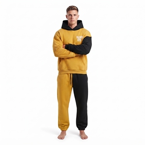 Ensemble de survêtement personnalisé pour homme en molleton 100% coton, coupe oversize, avec sweat à capuche à épaules tombantes et pantalon de jogging coupe décontractée, bicolore et à blocs de couleur contrastés - Product Image 5