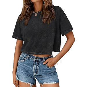 T-shirts courts slim fit délavés à l'acide pour femmes, tendance, à manches courtes, décontractés, pour l'été, vêtements de sport, polyester/coton - Product Image 4