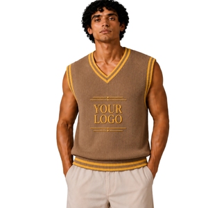 Gilet en tricot d'été pour homme, couleur taupe avec rayures contrastées jaune moutarde, col en V, sans manches, pull personnalisé avec logo, laine acrylique OEM - Product Image 1