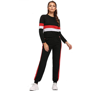 Women's Black Striped <b>Tracksuit</b> Set Long Sleeve Crew Neck Sweatshirt Joggers Full Length Elastic Waist Side Pockets Sporty - Product Image 3