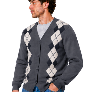 Cardigan en tricot gris à col en V pour homme, motif losanges, boutons sur le devant, manches longues, coupe classique décontractée, tricot d'hiver - Product Image 3