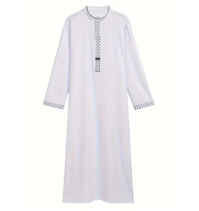 White Cotton <b>Thobe</b> <b>Men</b> Stand Collar Short Sleeve Floor Length Geometric Embroidery Modest Islamic Prayer Wear Middle East Style - Product Image 1