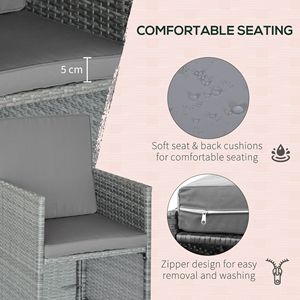Set da pranzo da esterno in vimini a 8 pezzi con tavolo quadrato in vetro e cuscini, sedie e pouf salvaspazio in rattan - Product Image 4