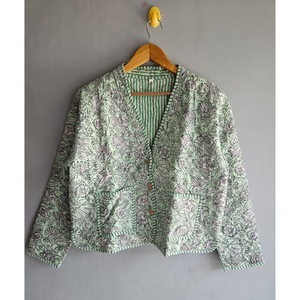 Green Floral <b>Kantha</b> Quilted Cotton <b>Jacket</b> Women V-Neck Button Front Short Coat Festival Wear gift for her - Product Image 1