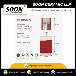 SOON ตู้ห้องน้ำสีแดงทันสมัยพร้อมกระจก อ่างเซรามิก ทาสีขาวด้วย PVC แบบตั้งพื้น 58 x 44 x 76 ซม. - Product Image 3