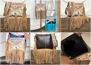 Nuevo Bolso Bandolera de Cuero Vacuno Hecho a Mano con Flecos, Estilo Western con Diseño Floral, Bolso de Hombro Boho Vaquero, Perfecto para Mujer - Product Image 3
