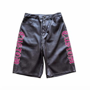 Shorts Cargo Décontractés en Cuir PU Brodé Personnalisé avec Strass, Taille Élastique Respirante et Robuste pour Hommes - Product Image 1