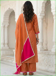 Ensemble de costume brodé Gota Peach Mal Chanderi coupe trapèze - Product Image 2