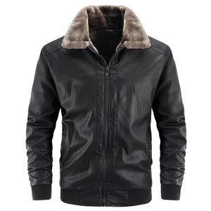 Blouson Bomber Homme Noir en Cuir PU Coupe-Vent Col Montant Doublure Fausse Fourrure Fermeture Éclair Style Moto Vêtement d'Extérieur Hiver 240g - Product Image 4
