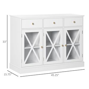 Credenza Buffet Bianca Stile Rustico con 3 Cassetti, Maniglie Bronzo, Mobile Bar Caffè, Anta Scorrevole in Vetro con Chiusura Magnetica, per Sala da Pranzo Villa - Product Image 3