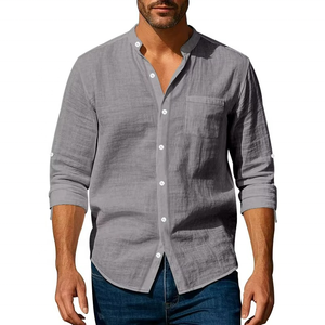 Camisas de Lino para Hombre al por Mayor, Transpirables, de Color Sólido, con Botones, Manga Larga, Ropa Masculina - Product Image 1