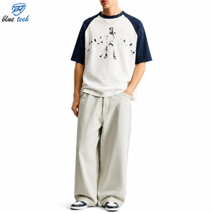 Camiseta de algodón para hombre Blue Tech, manga corta, cuello redondo, ribete en contraste, estampado de personajes, estilo casual, jersey de punto. - Product Image 1