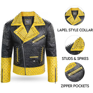 Men's Black Yellow Two Tone Real Leather <b>Punk</b> <b>Jacket</b> Silver Spiked Studded Gothic Biker Heavy Metal Outerwear - Product Image 3