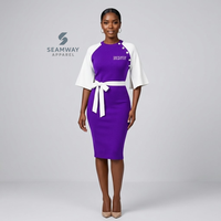 NCNW Gaun Midi Bodycon Wanita Warna Kontras Ungu Putih dengan Detail Kancing Lengan Cape dan Ikat Pinggang