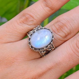 Bague en pierre de lune, argent sterling 925, style vintage, pierre de lune arc-en-ciel naturelle, bijoux de mariage - Product Image 2