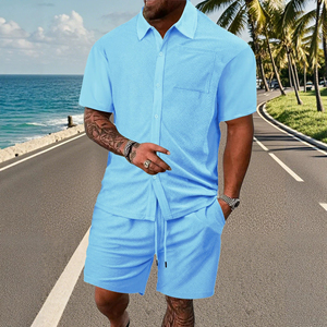 Ensemble chemise et short pour homme, gris clair uni, manches courtes, tenue décontractée d'été, coton tricoté respirant, ensemble deux pièces - Product Image 6