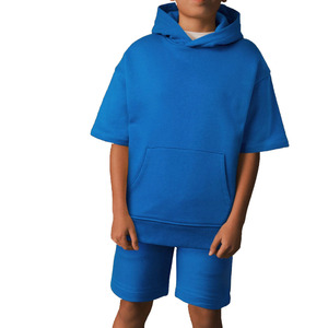 Conjunto de Sudadera con Capucha y Pantalones Cortos Azules para Bebés, Color Sólido, Informal, Verano, 2 Piezas, Sudadera de Manga Corta, Pantalones Deportivos - Product Image 6
