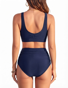 Woman Dark Blue Bikini Set Two Piece High Waisted Swimsuit Tummy Control Cross Wrap Crop Top Summer Beachwear Swim Wear Apparel - Product Image 2
