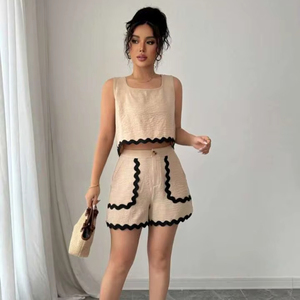 Women’s Textured Sleeveless <b>Tie</b>-<b>Back</b> Crop Top & High-Waist Shorts Co-Ord Set - Product Image 1