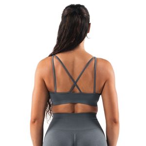 Gray Women's Seamless <b>Cross</b> Strap Sports Bra Moisture Wicking Athletic Crop <b>Top</b> for Workout Yoga Gym Fitness Running - Product Image 2