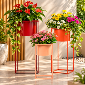 Pots de fleurs en métal colorés avec supports en fer hauts, supports décoratifs modernes pour fleurs en rouge, orange et pêche pour l'intérieur - Product Image 4