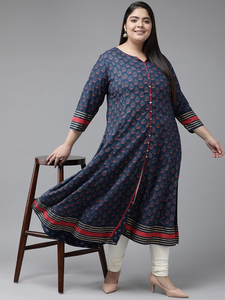 Kurti Anarkali de Rayón para Mujer, Talla Grande, Diseño con Cuello Redondo, Mangas Tres Cuartos y Estampado Floral Azul, Ropa Casual - Product Image 4