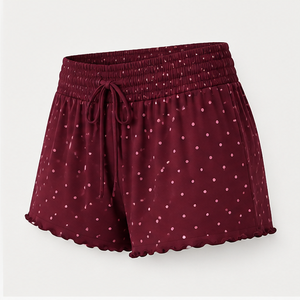 Shorts de détente amples et fluides pour femme, à pois, en jersey de viscose soyeux, avec cordon de serrage, personnalisés, couleur Rich Wine - Product Image 3