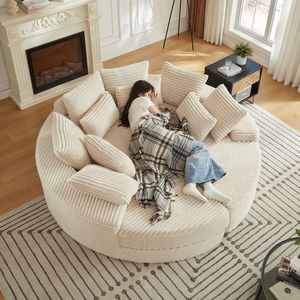 Divano Letto Reclinabile Oversize Rotondo in Corduroy da 78,5 Pollici, Convertibile 2-in-1 con Cuscino per il Collo e Cinque Cuscini Decorativi Inclusi - Product Image 1