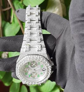 The 'Emerald Ice' Style <b>Mechanical</b> Moissanite Chronograph a Modern Street Luxury <b>Watch</b> with VVS Diamonds & Green Accents - Product Image 3