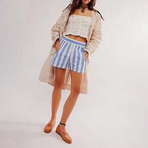 Women's Striped Cotton Shorts Mid <b>Waist</b> <b>Elastic</b> Closure Casual Fit Pink Orange Stripe Pattern Breathable Woven Fabric - Product Image 2