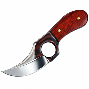Couteaux de chasse à lame fixe rouge-brun-argent avec lame incurvée en acier inoxydable, manche en bois et anneau de préhension pour le camping en extérieur - Product Image 4