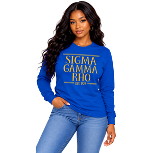 Camiseta de Manga Larga Azul Rey Sigma Gamma Rho con Estampado Gráfico Dorado 1922, Cuello Redondo, Prenda Casual de Algodón para Hermandad Griega - Product Image 1