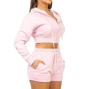 Conjunto de 2 Piezas para Mujer, Sudadera Corta con Capucha y Pantalones Cortos, Ropa Deportiva Informal de Felpa, Primavera Verano, Color Sólido, Cierre Frontal con Cremallera, Corte Regular - Product Image 2