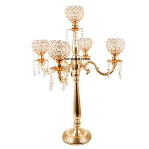 Aluminum <b>Candelabras</b> Table Centerpiece for Wedding and Home Decoration Luxury Golden High End Quality 5 Arm Crystal Votive - Product Image 1