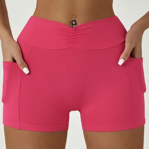 Shorts de sport taille haute couleur unie avec poches, taille élastique, en toile de coton mélangé, séchage rapide, coupe ample, décontracté, pour femme, tenue de fitness - Product Image 6