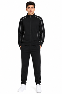 Ensemble de survêtement pour homme noir à fermeture éclair intégrale avec bande blanche, style sportif et athlétique, coupe régulière, poches latérales, idéal pour l'automne - Product Image 1