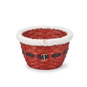 Wicker Rattan Basket <b>Red</b> Color With White Faux Fur Lining Handmade Traditional Style Black <b>Belt</b> Gold Buckle - Product Image 1