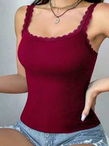 OEM 2026 Women Different colors Knitted <b>Tank</b> <b>Top</b> With <b>Lace</b> Trim Scoop Neck Casual Solid Color Spandex Cotton Blend <b>Top</b> - Product Image 1