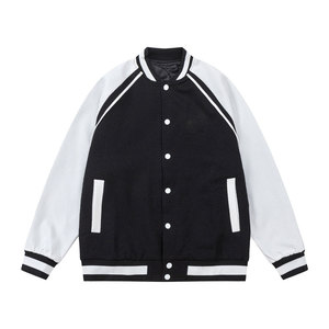 Veste universitaire réversible pour homme en 100 % laine, coloris noir et blanc, coupe droite, col montant, boutonnée sur le devant, style streetwear décontracté - Product Image 1