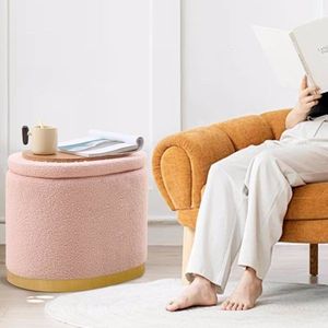 Pouf Contenitore Rotondo Imbottito con Coperchio a Ribalta, Base in Metallo Multifunzionale, Tavolino Laterale, Sgabello da Toeletta per Ingresso o Palestra - Product Image 2