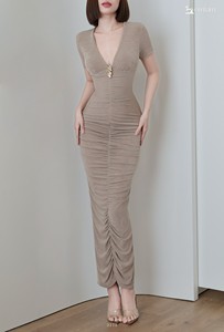 Robe longue moulante sculptante pour femme - Col en V froncé ET3175 - Product Image 4