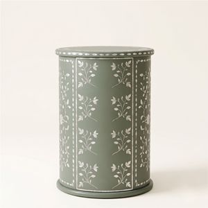 Table de chevet ronde de luxe en nacre vert sauge avec 4 tiroirs, motif floral, armoire de chevet faite à la main, meubles anciens - Product Image 2
