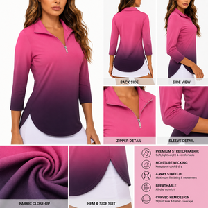 <b>Women's</b> Light Blue <b>Quarter</b>-<b>Zip</b> V-neck 3/4 Sleeve Golf Shirt Casual Solid Color Quick Dry Four-Way Stretch Sweat-Wicking - Product Image 2