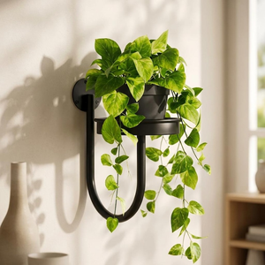 Support mural moderne en métal noir pour plantes avec porte-pot rond et cadre en U incurvé, décoration murale minimaliste - Product Image 3