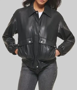 Chaqueta Bomber Extra Grande de Cuero Sintético para Mujer, Chaqueta Casual con Cierre y Bolsillos con Solapa para Otoño e Invierno - Product Image 3