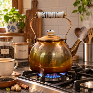 Bouilloire à thé antique en cuivre avec poignée en céramique bleue à motif floral, faite à la main, pour faire bouillir l'eau, ustensile de cuisine, vente directe d'usine - Product Image 3