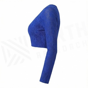 <b>Blue</b> Floral Lace <b>Crop</b> <b>Top</b> Long Sleeve Scoop Neck Women's Yoga Wear Spandex Polyester Breathable Sportswear - Product Image 3