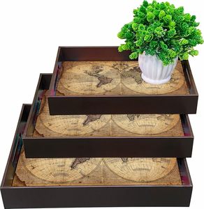 Juego de 3 bandejas de madera para servir con diseño de mapa del mundo antiguo, bandejas rectangulares decorativas para servir alimentos con asas recortadas - Product Image 6
